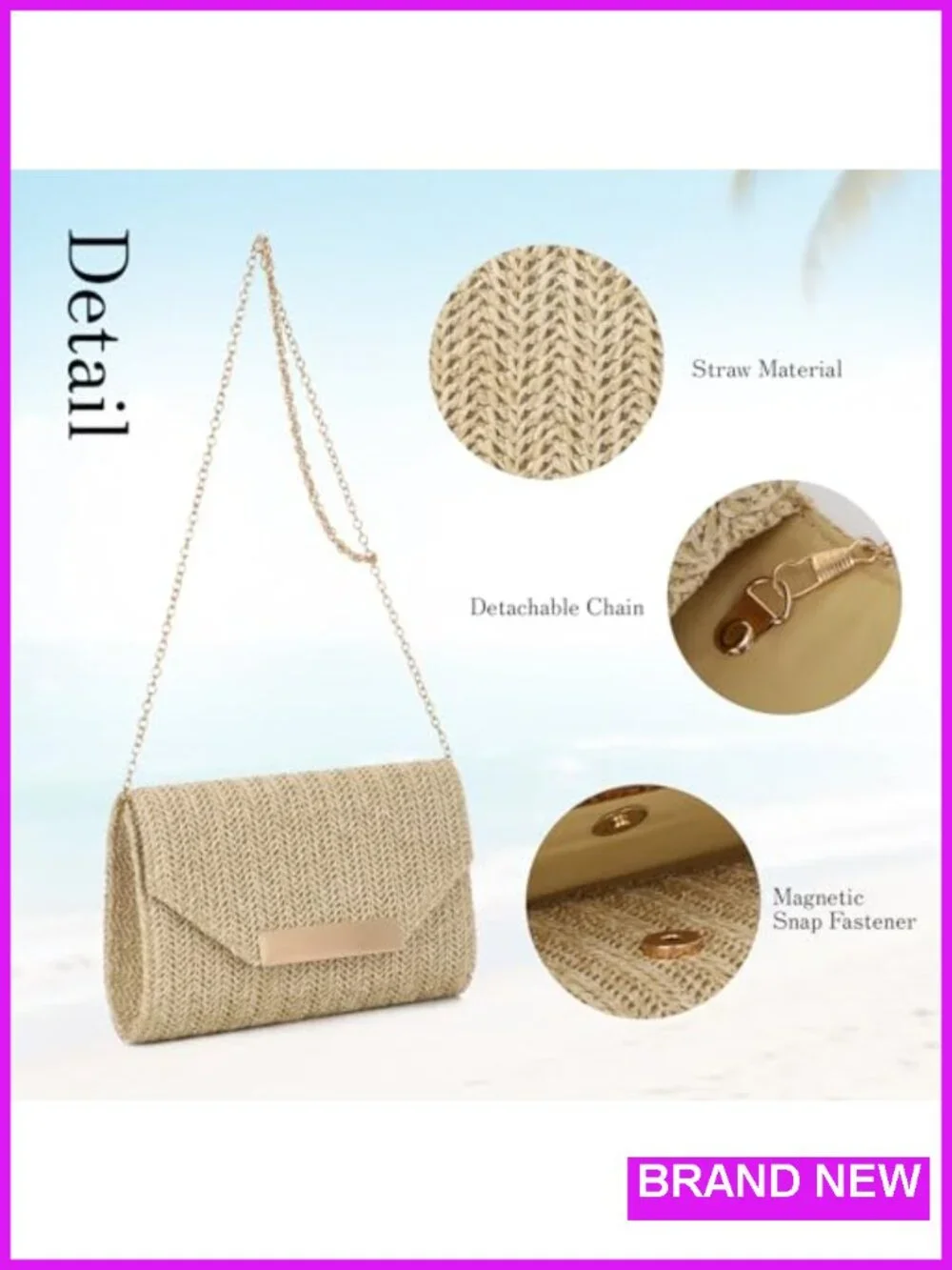 Straw Woven Envelope Clutch with Detachable Chain - PP Straw Beach Evening Bag